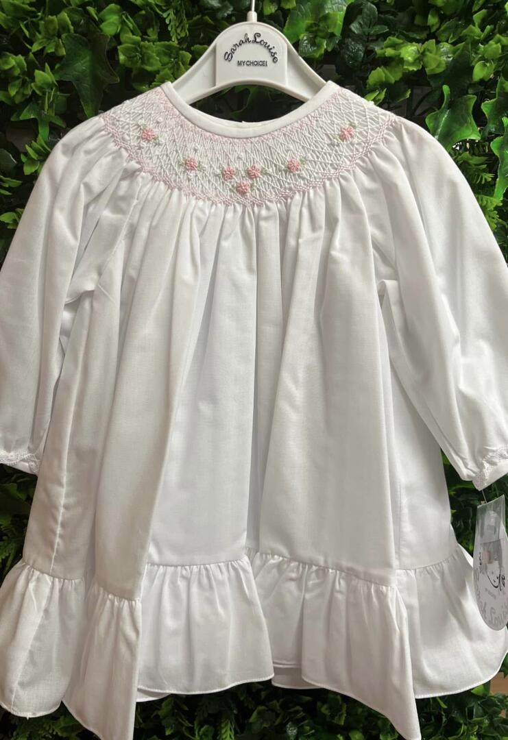 SARAH LOUISE HAND SMOCKED DRESS LONG SLEEVE C6005 WHITE/PINK 6 MONTHS ONLY SALE