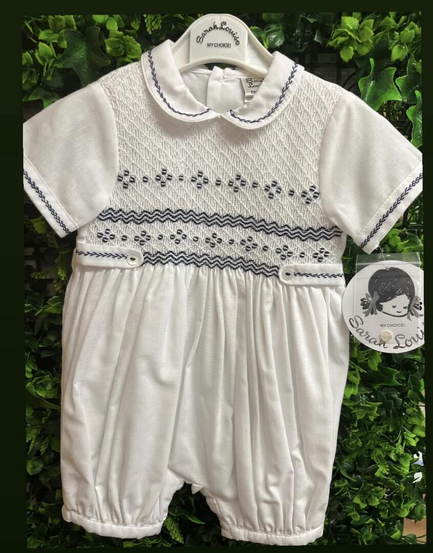 SARAH LOUISE HAND SMOCKED BABY BOYS ROMPER 013178 WHITE /NAVY NEWBORN & 3 MONTHS SALE
