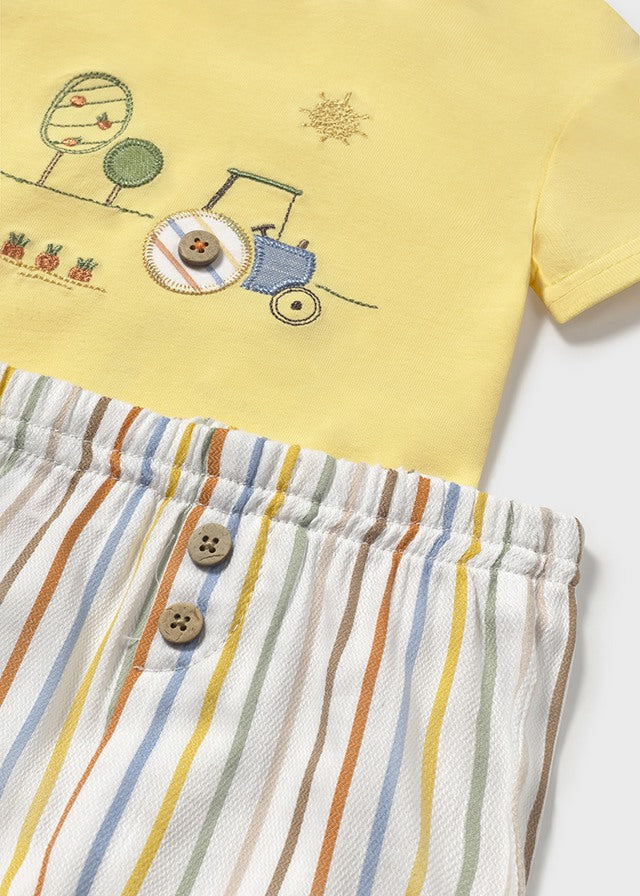 MAYORAL BABY BOYS 1202 TWO PCE SHORT SET YELLOW TEE /STRIPE LINEN SHORTS 6/9mths only