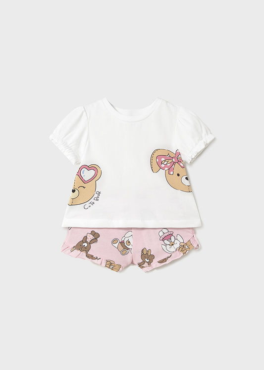 MAYORAL BABY GIRLS 1256 TWO PCE WHITE TEE /PINK TEDDY PRINTED BLOOMERS 4-6mths only
