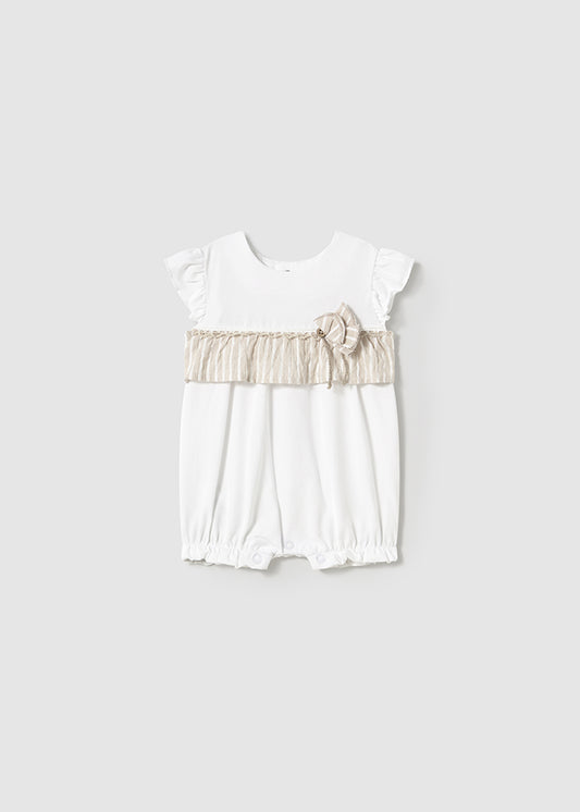 MAYORAL BABY GIRLS 1748 WHITE COTTON BUBBLE BEIGE /WHITE STRIPE TRIM 4-6months