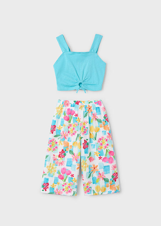 MAYORAL GIRLS 3562 TWO PCE WIDE LEGGED CROPPED TROUS SET TURQ SUN  TOP 4yrs