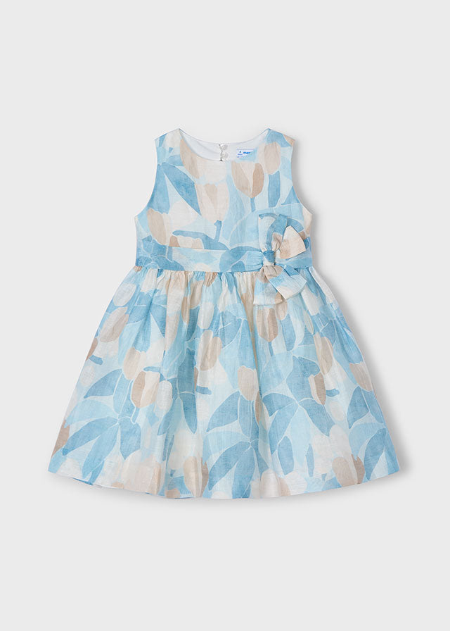MAYORAL GIRLS 3913 LINED SUMMER DRESS BLUE/BEIGE PRINTED FABRIC OPEN DESIGN BACK