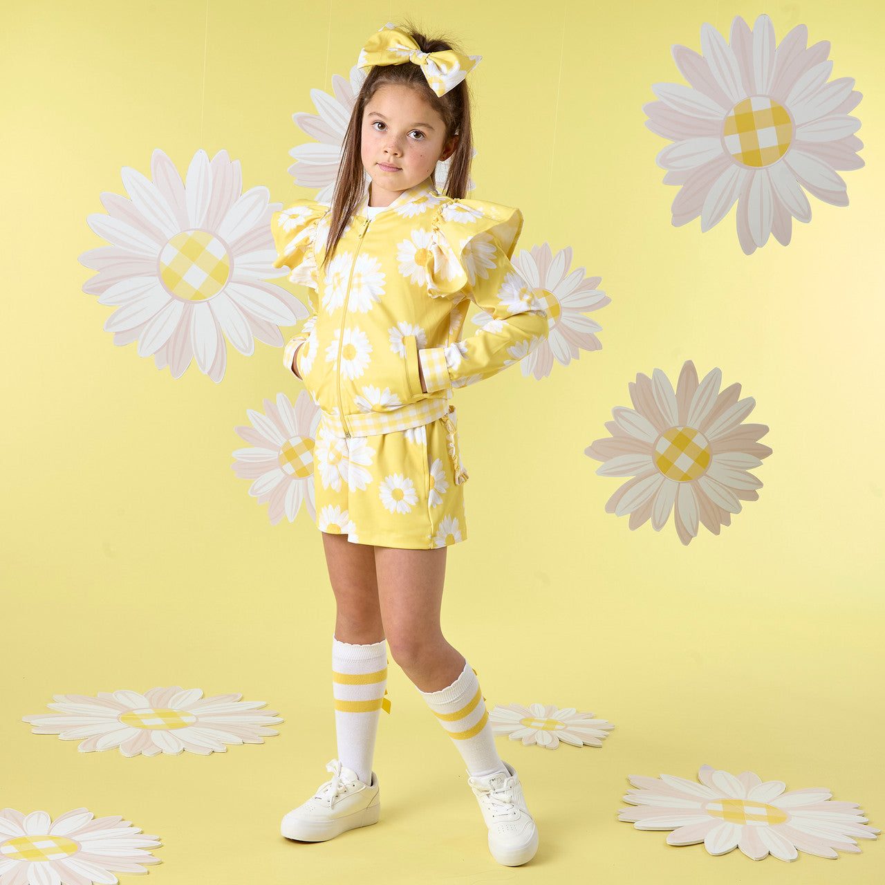 ADEE GIRLS DAISY BOMBER ZIP UP JACKET DAISY DETAIL YELLOW/WHITE RUFFLE SLEEVE DETAIL