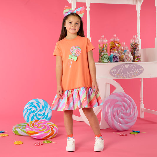 ADEE GIRLS DOVE ORANGE AND MULTICOLOUR DROP WAIST DRESS 10yrs