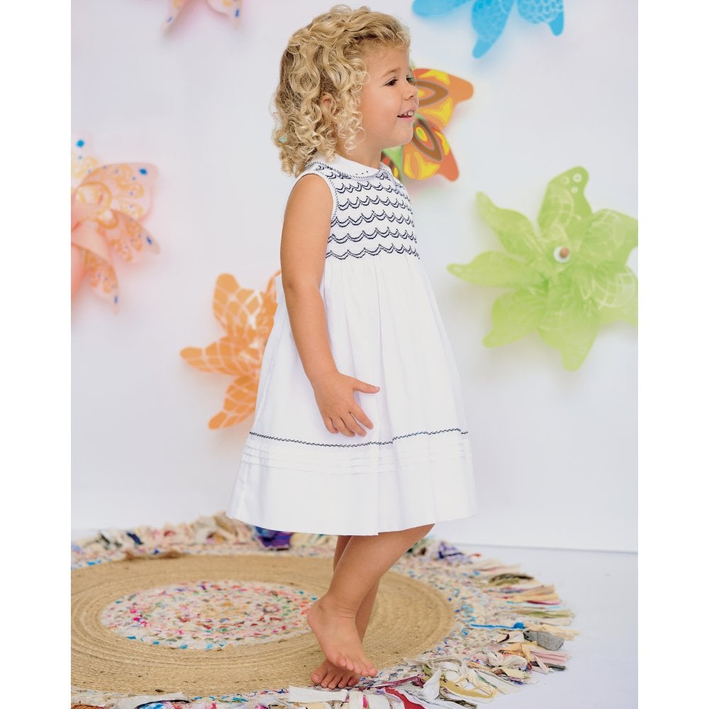 SARAH LOUISE HAND SMOCKED DRESS 013240 WHITE/NAVY 2YRS ONLY   SALE