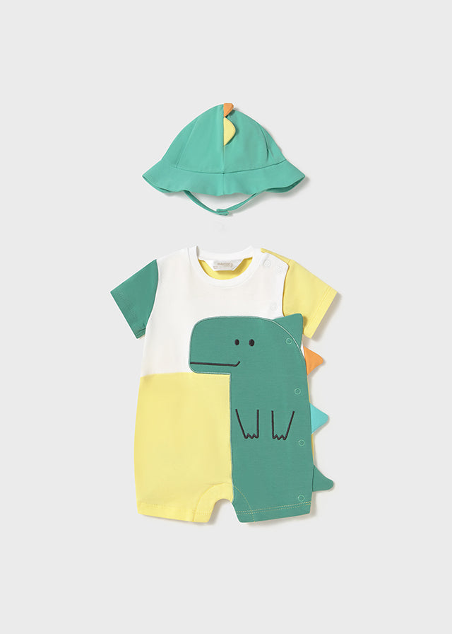 MAYORAL BABY BOYS 1617 ALL IN ONE SHORTIE YELLOW/GREEN/WHITE DINO DETAIL WITH HAT