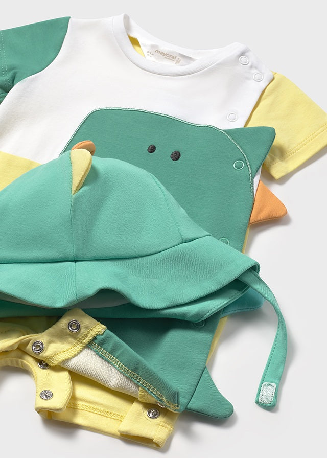 MAYORAL BABY BOYS 1617 ALL IN ONE SHORTIE YELLOW/GREEN/WHITE DINO DETAIL WITH HAT