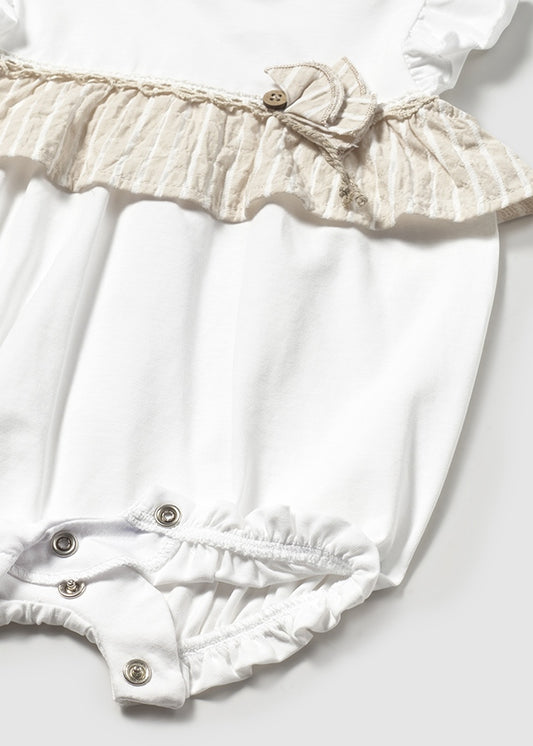 MAYORAL BABY GIRLS 1748 WHITE COTTON BUBBLE BEIGE /WHITE STRIPE TRIM 4-6months