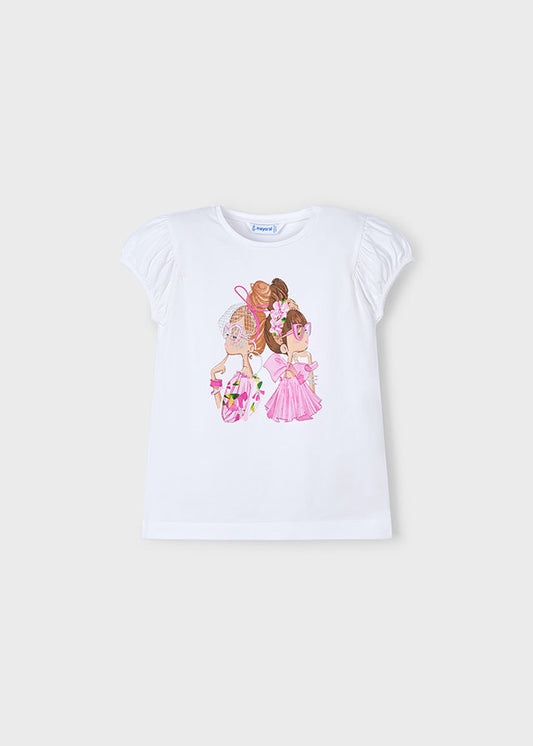 MAYORAL GIRLS 3003 WHITE TEE WITH PRINTED ORCHID PINK PRINTED DETAIL 6yrs