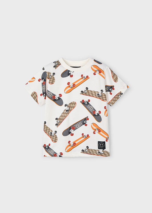 MAYORAL BOYS 3038 CREAM TEE SKATEBOARD PRINTED DETAIL