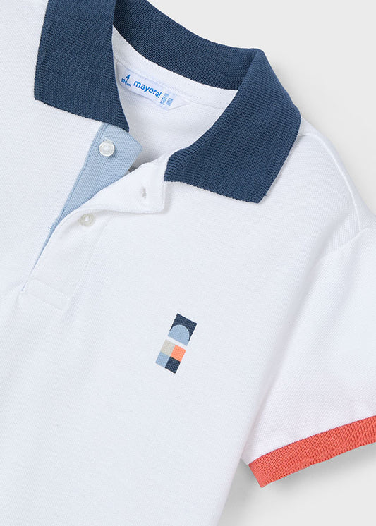 MAYORAL KID BOYS 3106 WHITE POLO ABSTRACT PRINT DETAIL PEARL/ORANGE/BLUE TRIM