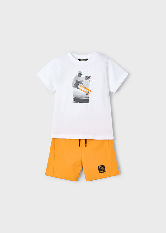 MAYORAL BOYS 3607 TWO PCE SET ORANGE SOFT JERSEY SHORTS WHITE TEE SKATBOARD PRINTED DETAIL