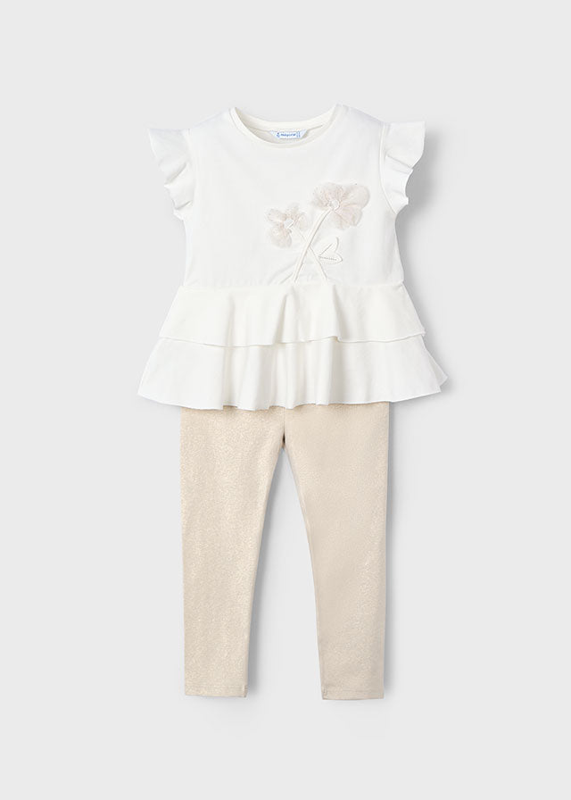 MAYORAL GIRLS 3704 TWO PCE LEGGING SET GOLD SHIMMER LEGGINGS CREAM TEE QITH APPLIQUE DETAIL