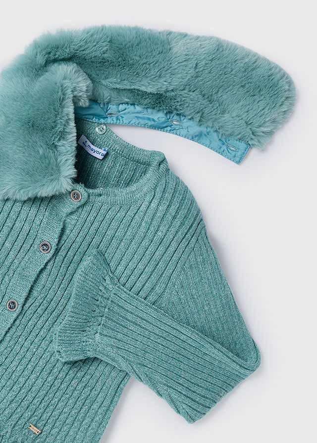 MAYORAL GIRLS CARDIGAN 4362  JADE GREEN KNIT REMOVEABLE FUR COLLAR 7YR ONLY  SALE