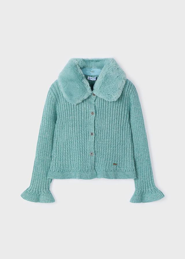 MAYORAL GIRLS CARDIGAN 4362  JADE GREEN KNIT REMOVEABLE FUR COLLAR 7YR ONLY  SALE