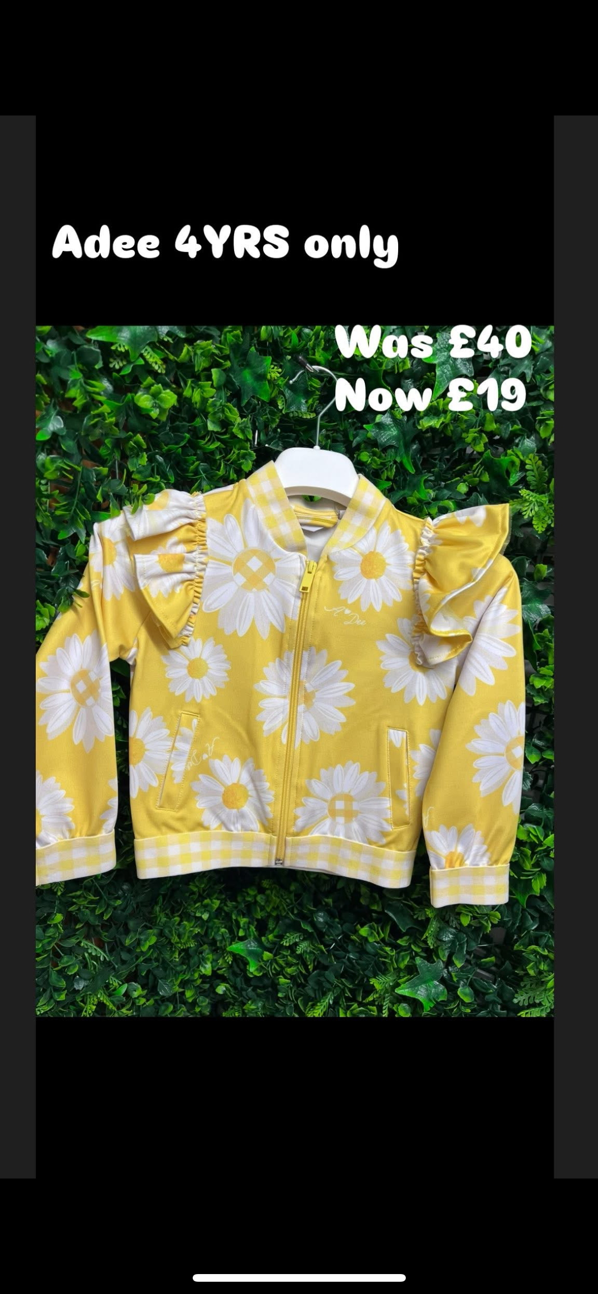 ADEE GIRLS  DAISY BOMBER  ZIP UP JACKET DAISY  DETAIL YELLOW/WHITE RUFFLE SLEEVE DETAIL 4 yrs