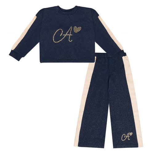 ADEE GIRLS TRACKY SET RACHEL NAVY GOLD FLECK WIDE LEG BOTTOM GOLD TAPE  5YRS ONLY  SALE