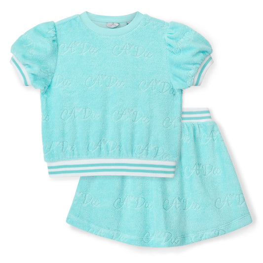 ADEE GIRLS  TRIXIE 2 PCE SKIRT SET TURQUOISE TOWELLING WHITE TRIM 4 &  5yrs