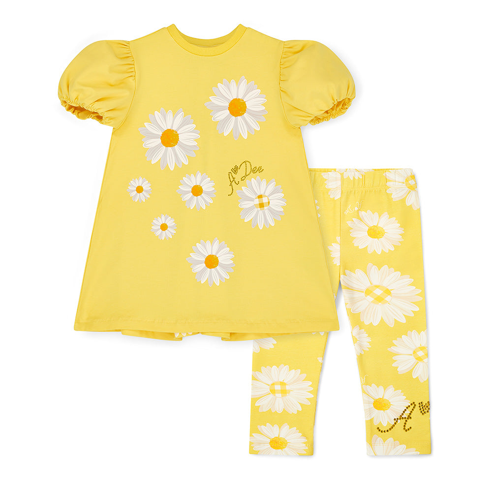 Adee girls Delilah yellow daisy legging set waterfall back on tunic length  tee