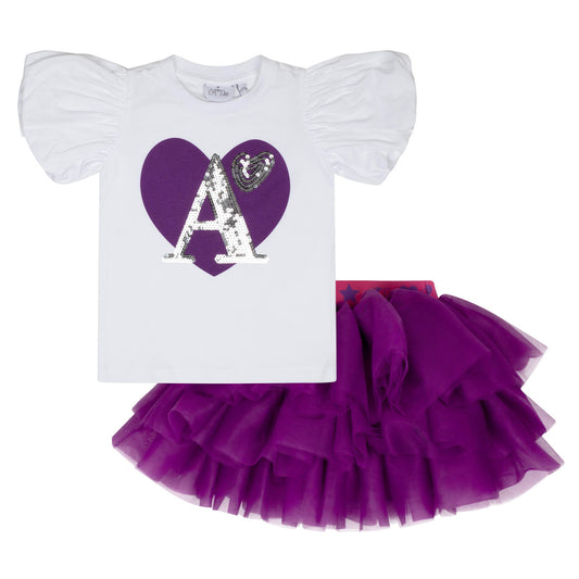 ADEE GIRLS 2 PCE TUTU SET TABITHA PUFF SLEEVE TEE PURPLE TULLE SKIRT  5YRS ONLY  SALE